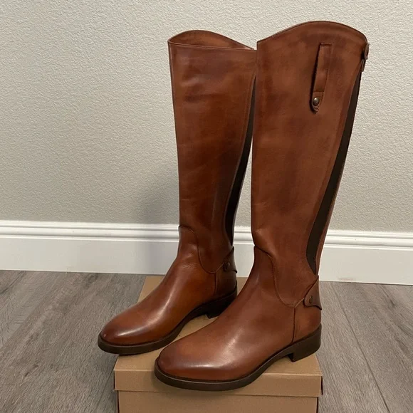 NEW EMANUELE CASTRO Made In Italy Leather Knee High Riding Boots Cognac Brown